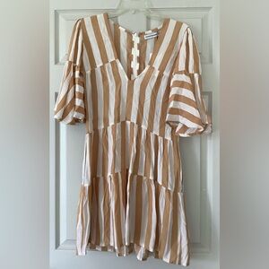 Elegant Tan and White Striped Mini Dress